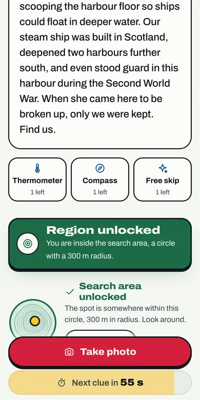The Competitive stop screen: the Thermometer, Compass and Free skip lifelines, the search area unlocked, a 300 m circle, and the next clue counting down