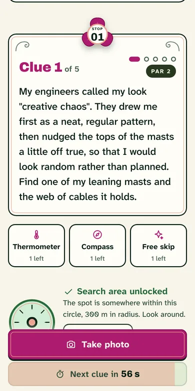 The Competitive stop screen: the Thermometer, Compass and Free skip lifelines, the search area unlocked, a 300 m circle, and the next clue counting down